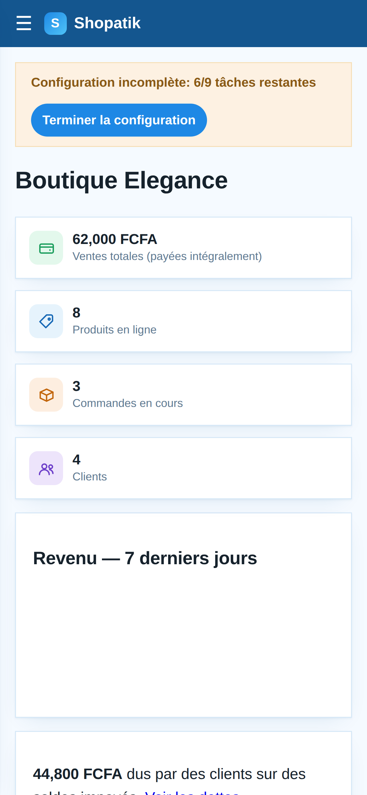 Aperçu du tableau de bord Shopatik sur mobile (données de démonstration)